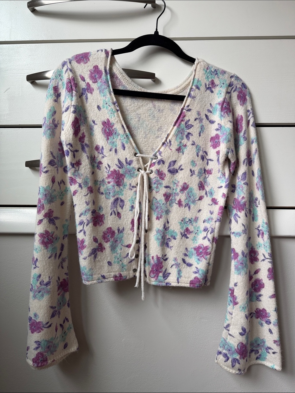 saltwater LUXE Cream Lace-Up Floral Knit Top with Purple & Teal Flowers